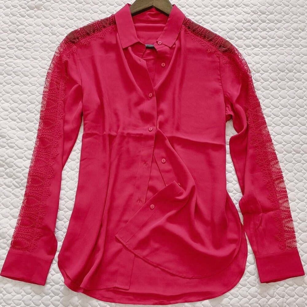 NWOT The Kooples Red Button Down Lace Panel Sleeve Blouse Shirt Top Size S